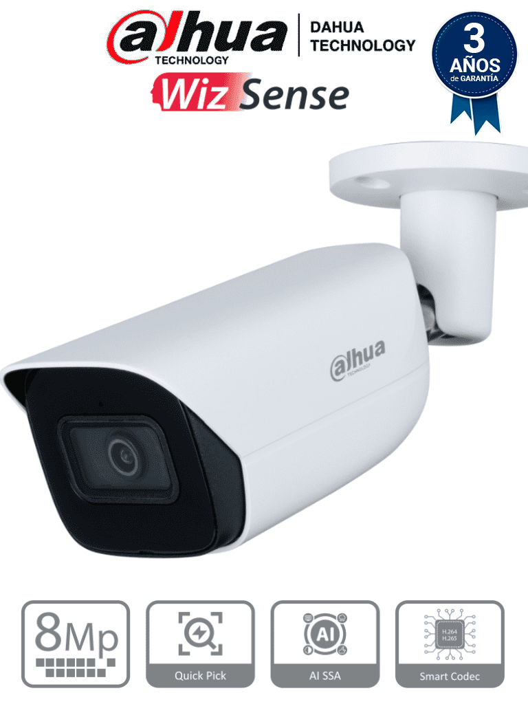 DAHUA IPC-HFW3841E-AS-S2 - Camara IP Bullet de 8 Megapixeles con IA/ WizSense/ Lente de 2.8 mm/ 107 Grados de Apertura/ H.265+/ Microfono Integrado/ 1 E&S de Alarma y Audio/ SMD 4.0/ WDR Real/ Quick Pick AI SSA/ PoE/ IP67/ DAHUA IPC-HFW3841E-AS-S2 - Camara IP Bullet de 8 Megapixeles con IA/ WizSense/ Lente de 2.8 mm/ 107 Grados de Apertura/ H.265+/ Microfono Integrado/ 1 E&S de Alarma y Audio/ SMD 4.0/ WDR Real/ Quick Pick AI SSA/ PoE/ IP67/